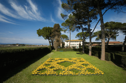 Utsikt over hagen og villaen